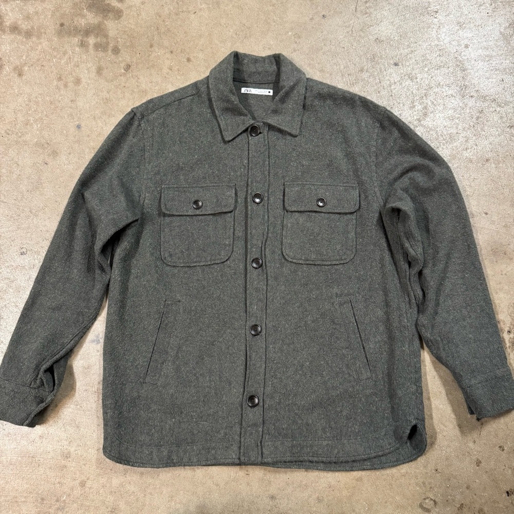 Zara Cotton Poly Blend CPO Shacket Shirt Jacket Size L Green